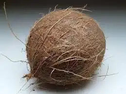 Fresh whole coconut with brown husk from ZabhiaNow, showcasing its natural exterior and textured surface.