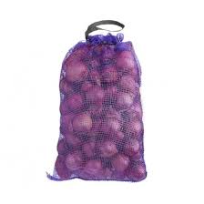 Fresh red onions in a 10lb bag from ZabhiaNow, showcasing vibrant red skins and layered interior on a white background.