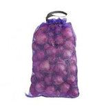 Fresh red onions in a 10lb bag from ZabhiaNow, showcasing vibrant red skins and layered interior on a white background.