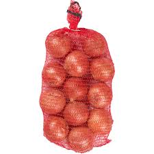 Fresh yellow onions from ZabhiaNow, 10-pound bag, showing a pile of bright, round onions with dry, papery skin.